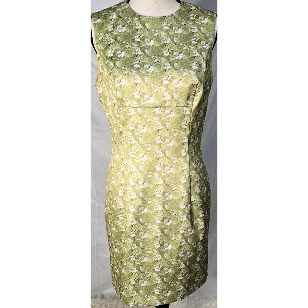 BCBG Vintage 90s Y2K Floral Sheath Dress Green Roses Photorealism